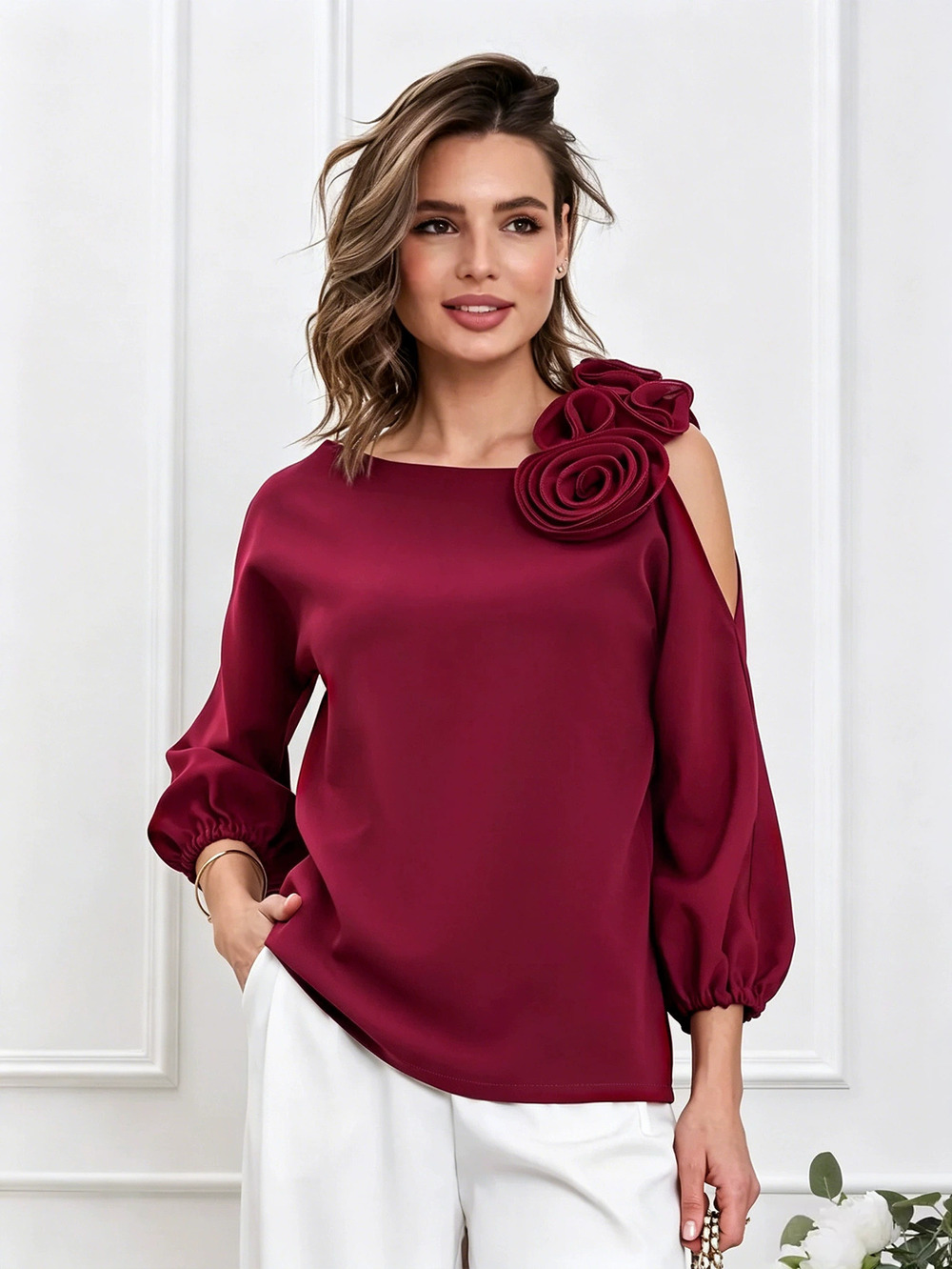 ZARA One Shoulder 3D Floral Lantern Sleeve Slimming Top